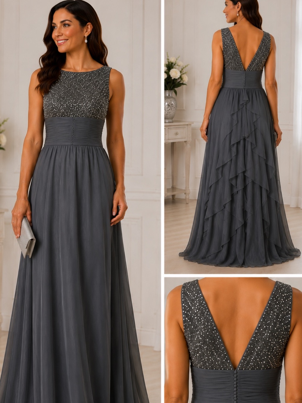 Gray formal maxi dress size medium mother of bride, bridesmaid, wedding guest,l